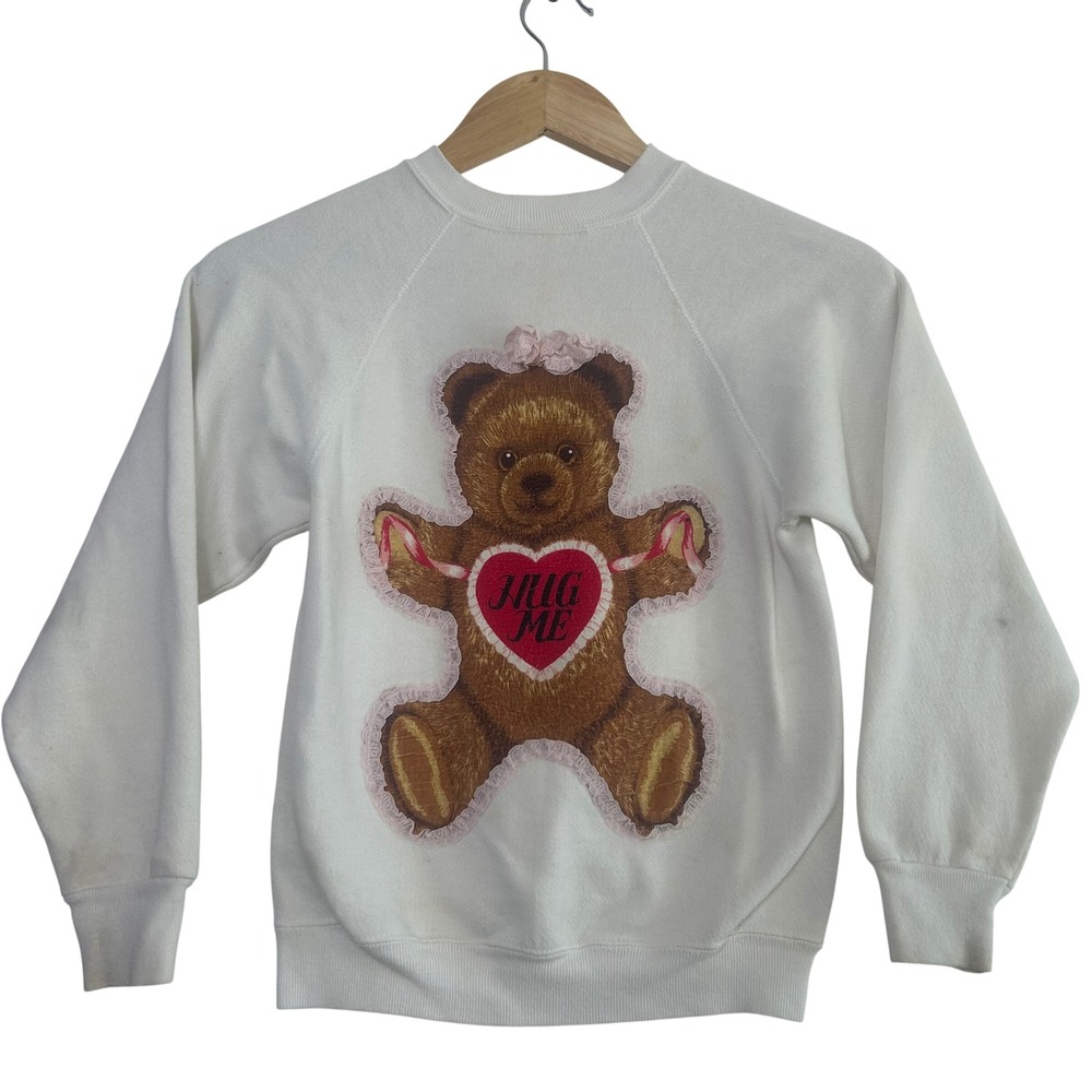 90s Tultex Teddy Bear Hug‎ Me Sweatshirt Kids M White Lace Trim Raglan Crewneck